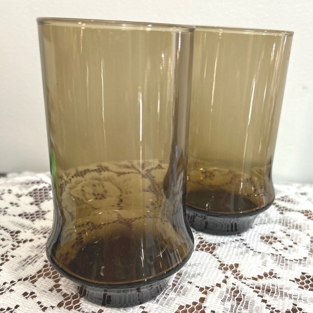 Libbey Glasses Smoke Brown Highball Tumblers Mid Century Flared 1970s Set of 2